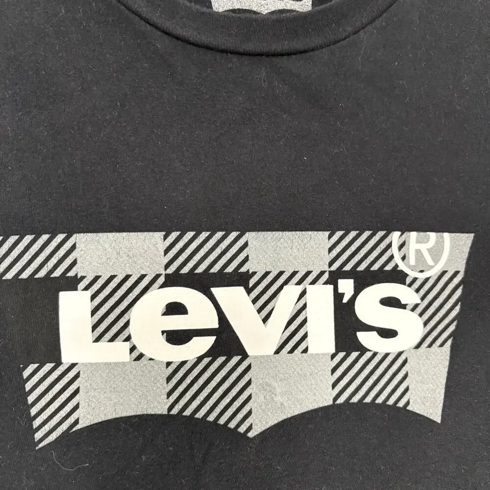 Levis Mens L Black Batwing Logo Graphic T Shirt Plaid Check Short Sleeve Tee